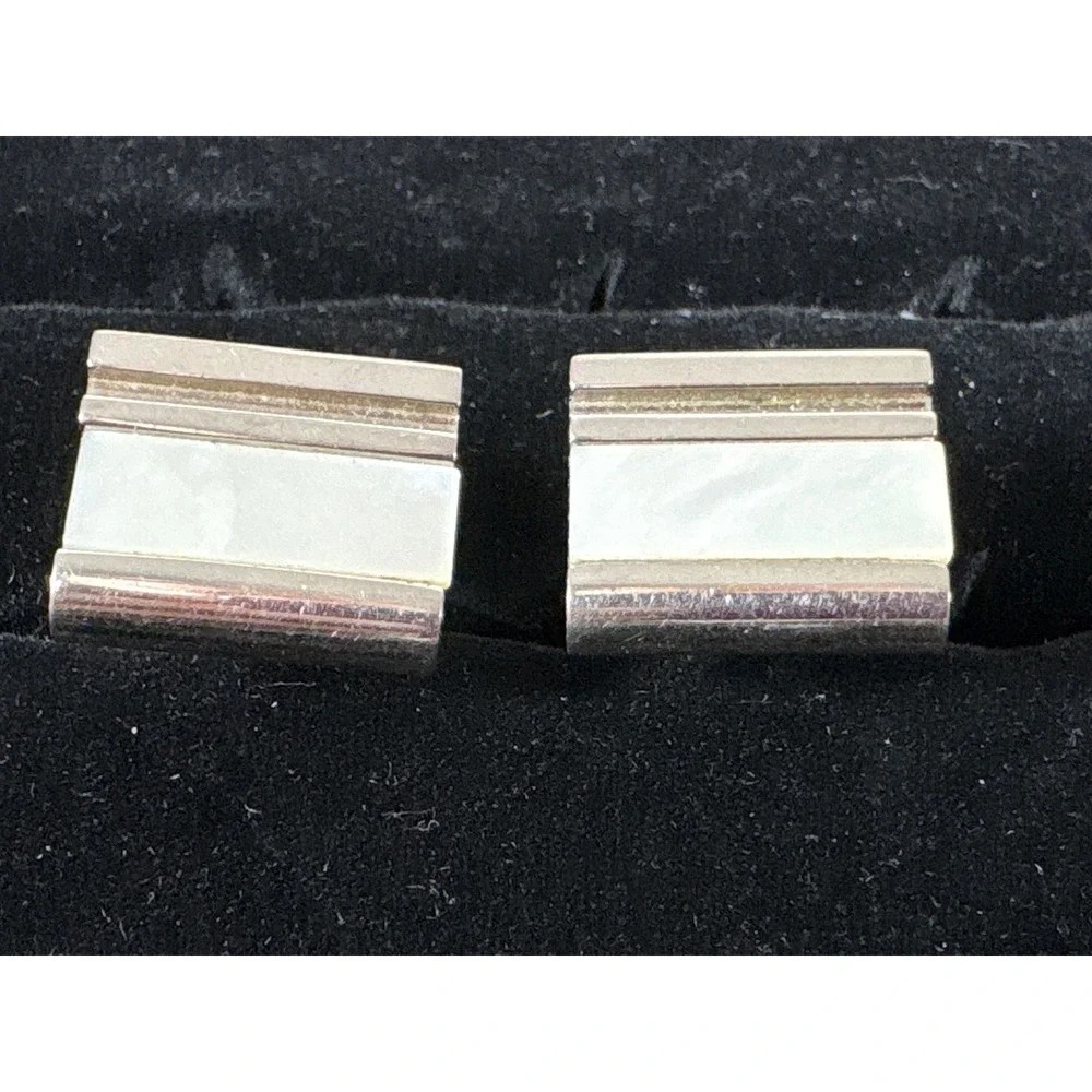 Vintage Mother of Pearl Silver Tone Rectangular Toggle Back Cufflinks Set